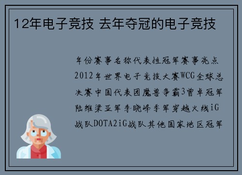 12年电子竞技 去年夺冠的电子竞技