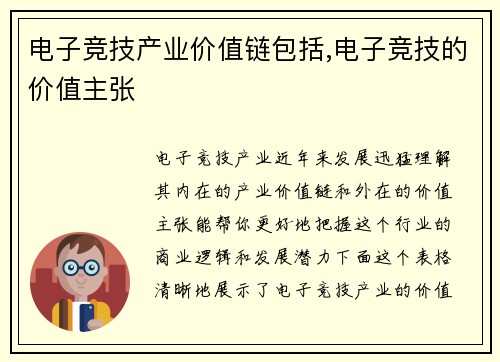 电子竞技产业价值链包括,电子竞技的价值主张
